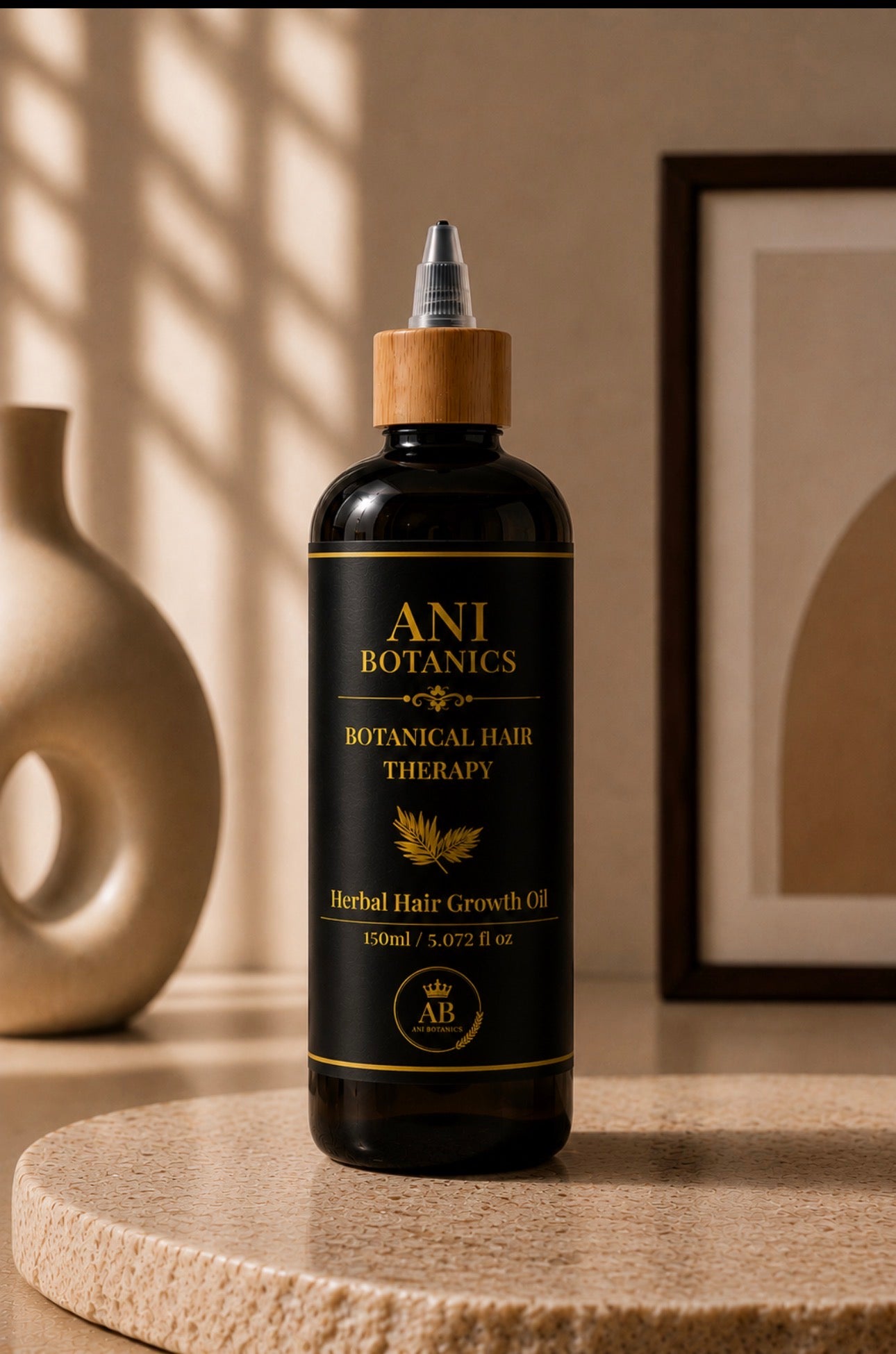 Herbal Hair Growth Oil in a warm botanical-inspired setting